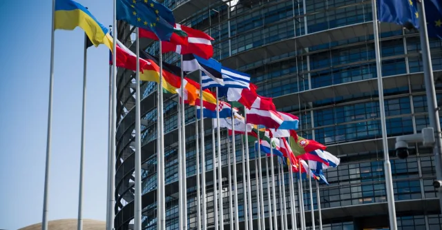 Flags of European Union countries outside a modern building facade.