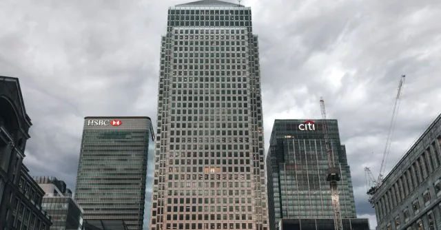 View of HSBC and Citi buildings in London's Canary Wharf business district.