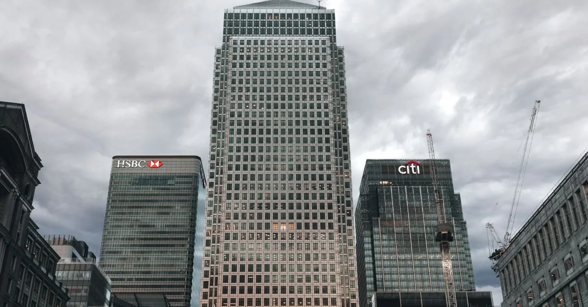 View of HSBC and Citi buildings in London's Canary Wharf business district.