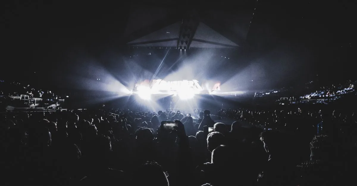 Dynamic concert scene with an energetic crowd at night in a London stadium.