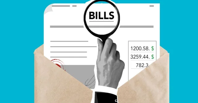 Cutout paper composition of male with magnifier received expensive taxes and payments on blue background