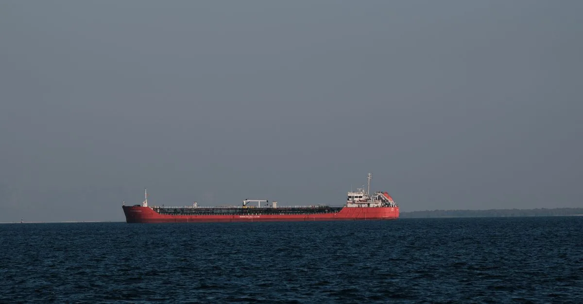 A red cargo ship sailing on the calm waters of İzmir Bay under a clear sky.
