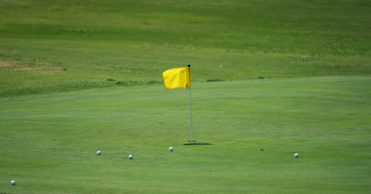 Golf course scene with yellow flag and golf balls on green under a clear sky.