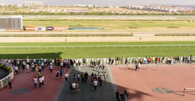 A crowd gathers at the racetrack on a sunny day, watching the horse races unfold.
