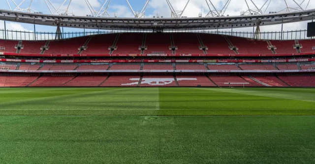 Wide view of an empty Emirates Stadium, home of Arsenal FC, in North London, England.