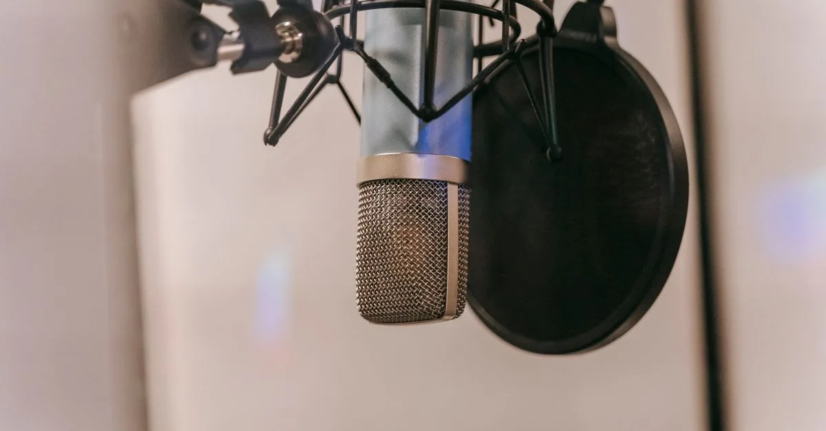Close-up of a condenser microphone with pop filter in a studio setting, ideal for audio and podcasting.