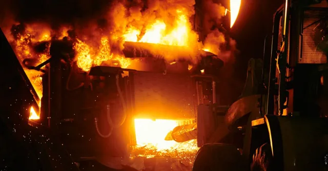 Dramatic image of an industrial furnace with bright flames and heavy machinery at night.