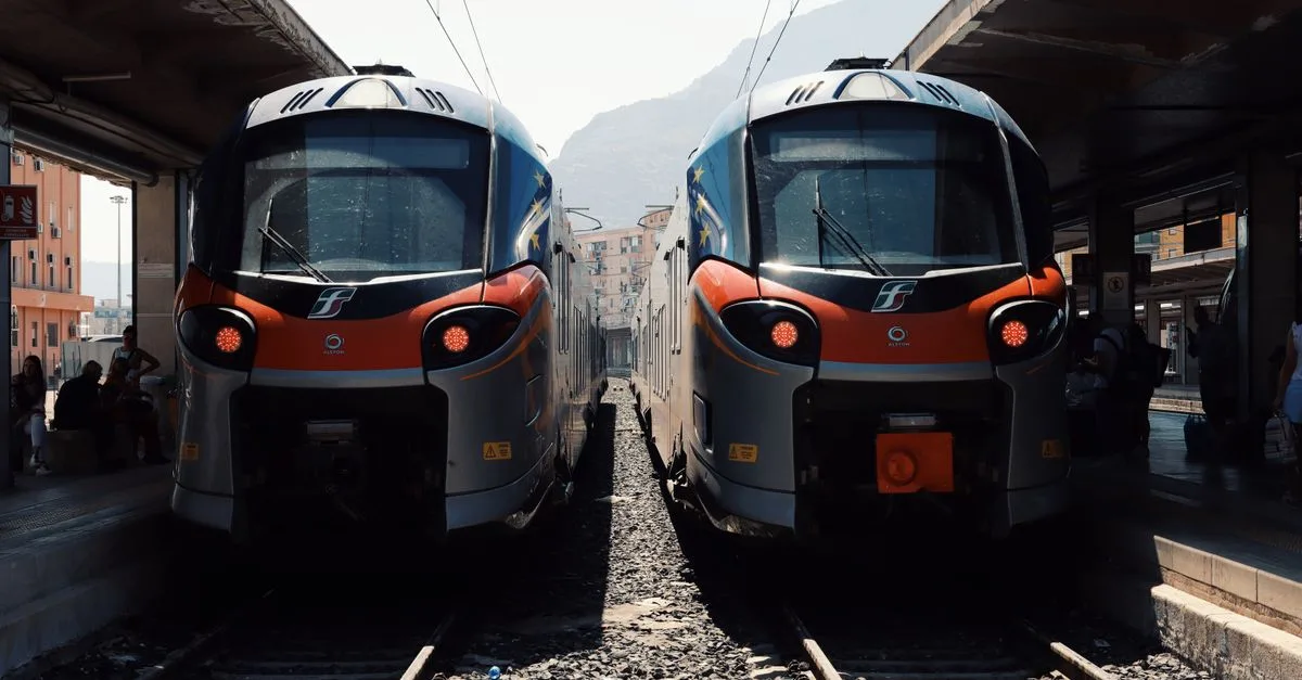 Two modern trains at Palermo station in Sicily, Italy.