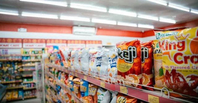 Wide shot of vibrant snack aisle in a supermarket with various chip bags on display.