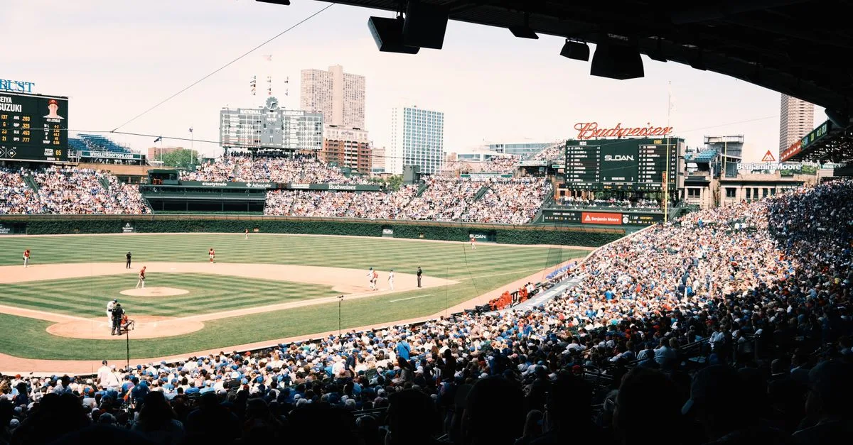 A lively baseball game at Wrigley Field with a packed crowd in Chicago, Illinois.
