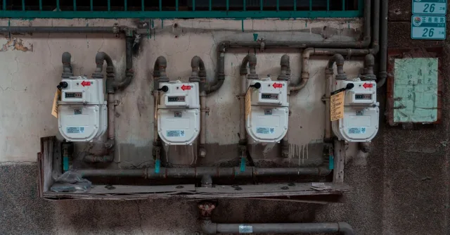 Four gas meters mounted on an exterior wall, showcasing urban utility infrastructure.