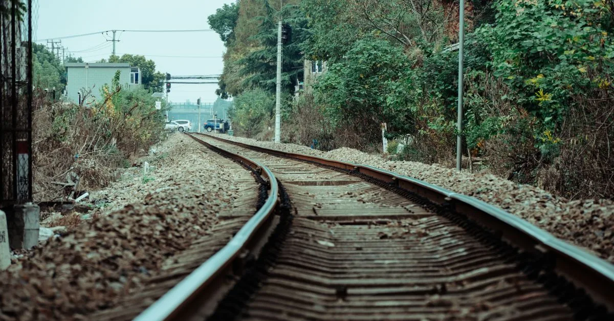 Serene railway track curving through lush greenery, capturing a tranquil rural scene.