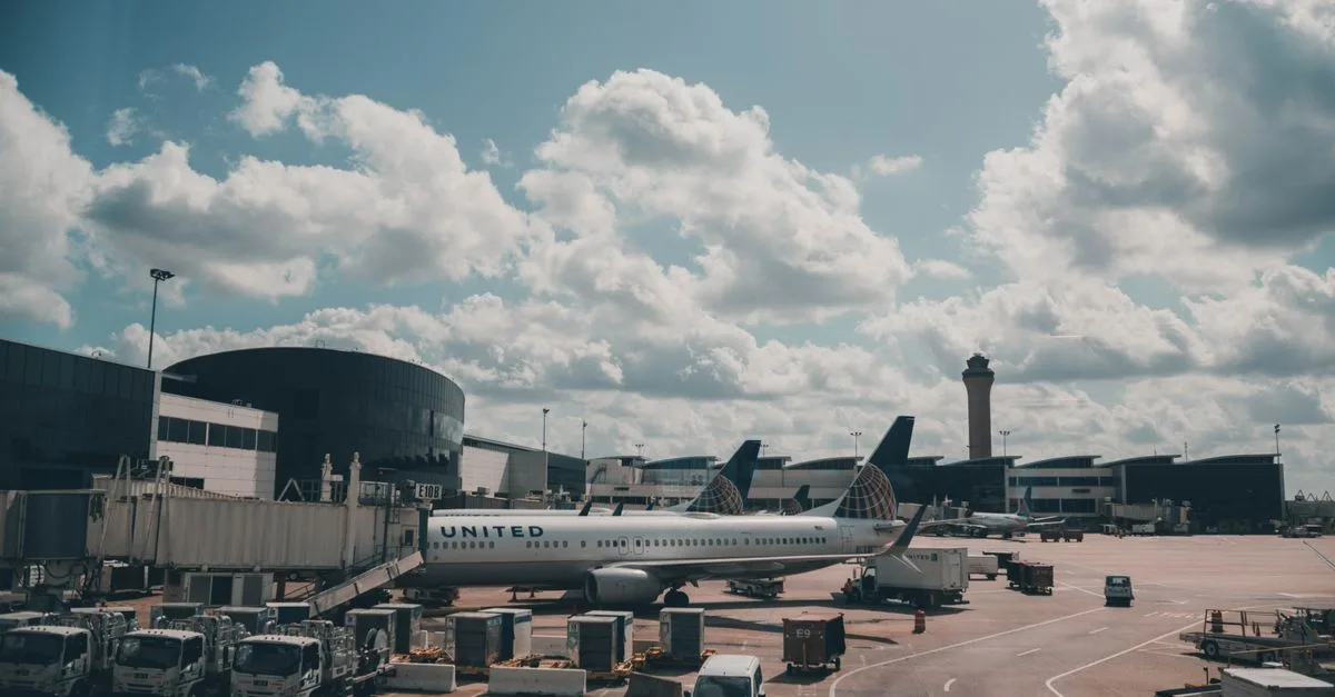 A United airplane parked on the airport apron under a scenic cloudy sky.