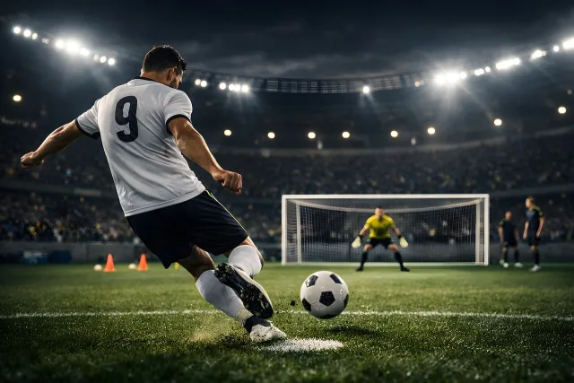 A wide shot of a professional football stadium lit up at night during a match.