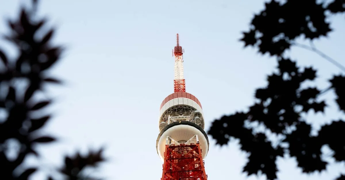 Tokyo Tower captured from a unique low angle, framed by silhouette of trees, during daytime.