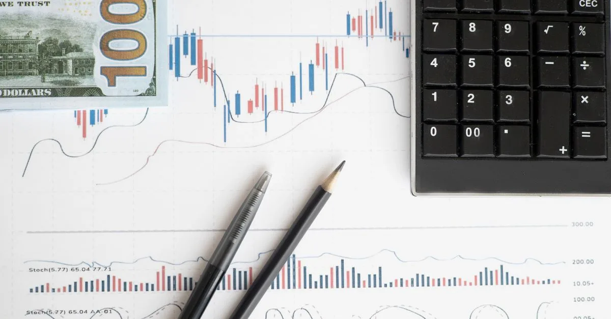 Stock analysis workspace featuring charts, a calculator, and currency for data-driven insights.