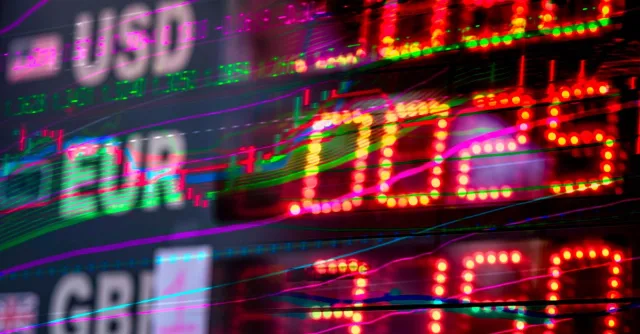 Vibrant stock market display showing exchange rates for USD, EUR, and GBP. Perfect for finance themes.