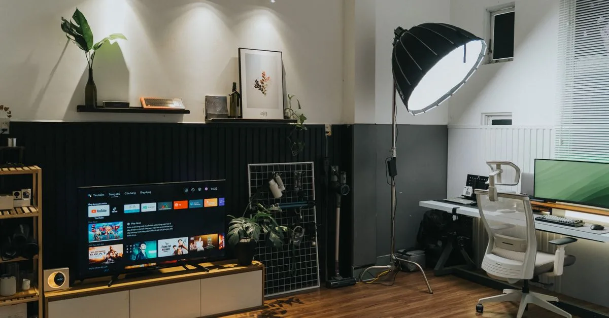 Stylish home office and living room space featuring modern furniture and contemporary design elements.