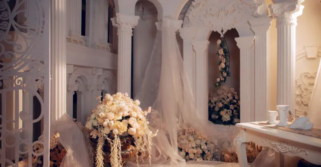 Luxurious wedding room with ornate columns and elegant white floral decorations.
