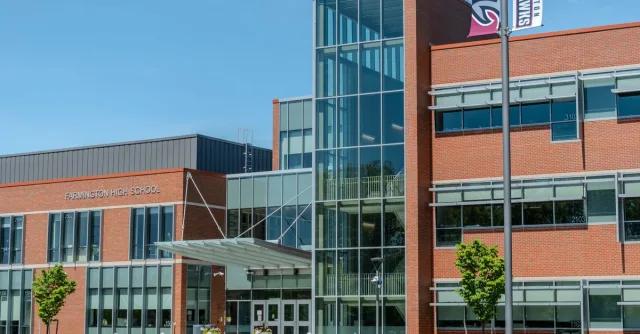 Front view of Farmington High School, Connecticut, showcasing modern design.