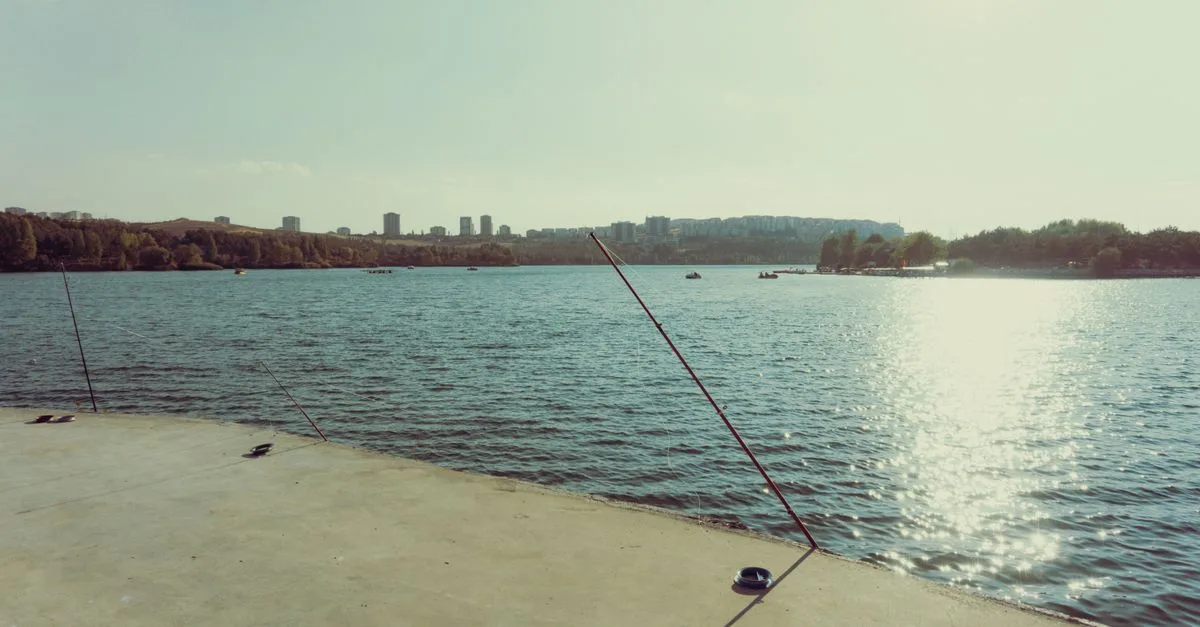 Peaceful lakeside view with fishing rods, urban skyline, and shimmering water at sunset.