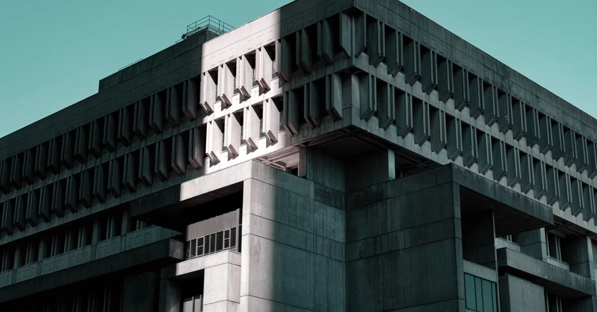 Concrete Brutalist building facade in Boston, showcasing striking geometric design.