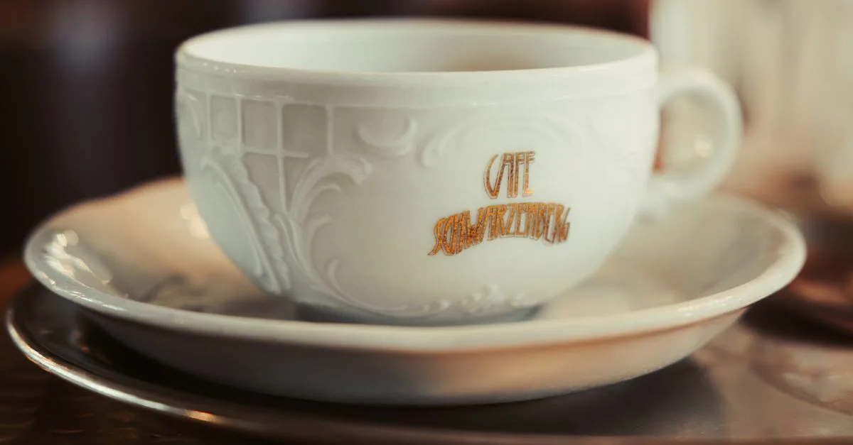 A close-up of a decorative coffee cup at Cafe Schwarzenberg, Vienna, encapsulating classic Viennese ambiance.