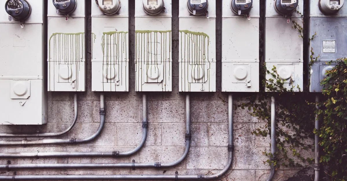 Array of outdoor electric meters on a brick wall with vines.