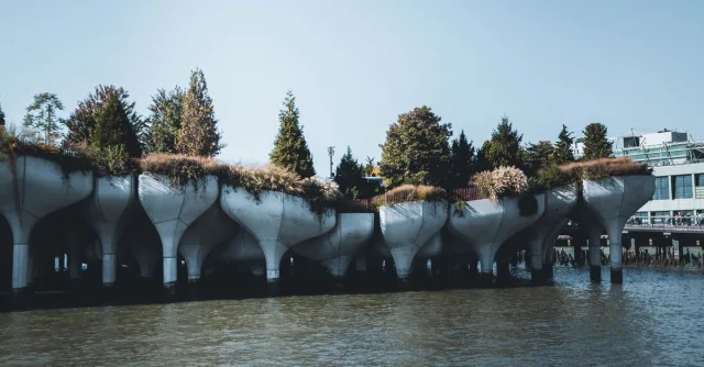 A view of Little Island Park with unique architectural design over the Hudson River.