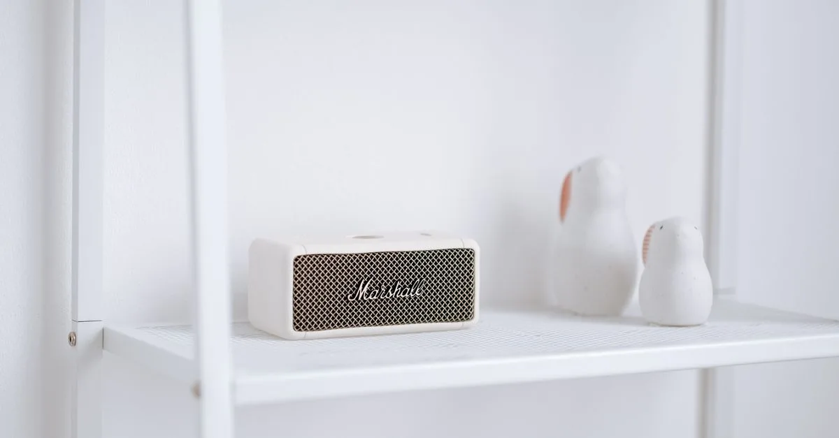 A stylish setup featuring a Marshall wireless speaker and minimalist decor on a white shelf.