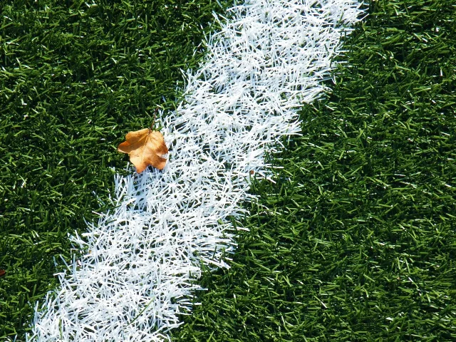 A professional football stadium pitch during an evening match under stadium lights.