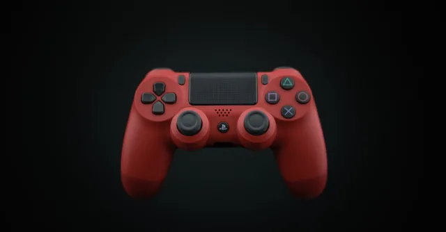 Vibrant red DualShock PS4 controller displayed on a dark background, highlighting modern gaming design.