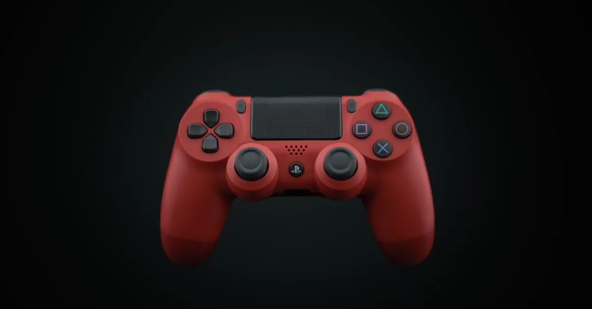 Vibrant red DualShock PS4 controller displayed on a dark background, highlighting modern gaming design.