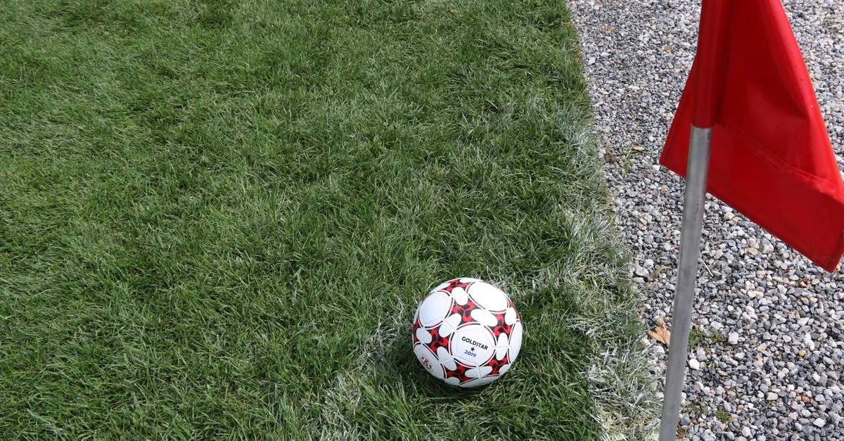 A close-up of a soccer ball near a red corner flag on a grass field, ideal for sports themes.