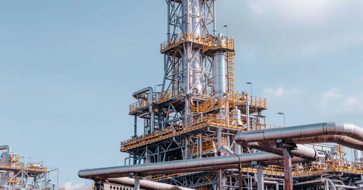 View of a large oil refinery plant with intricate pipelines in Trzebinia, Poland.