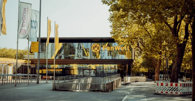 Exterior view of BVB Fanwelt, a local landmark near Dortmund's stadium, Germany.