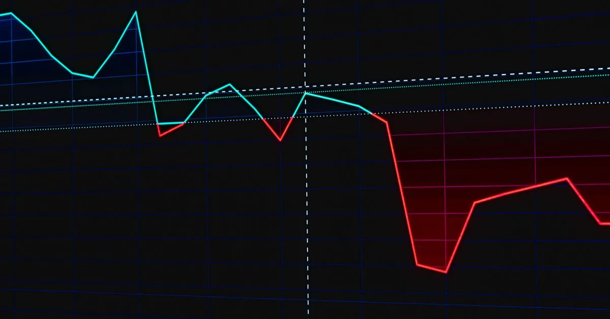 Visual representation of a fluctuating stock market chart with red and green lines.
