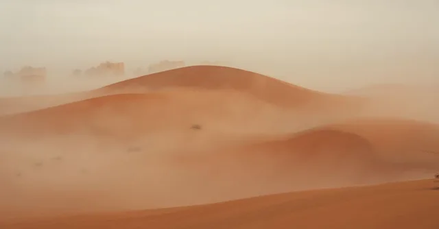 Captivating view of misty sand dunes enveloped in fog, evoking a serene desert atmosphere.