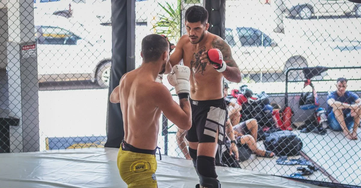 Two boxers engage in a sparring match, showcasing strength and rivalry in the ring.
