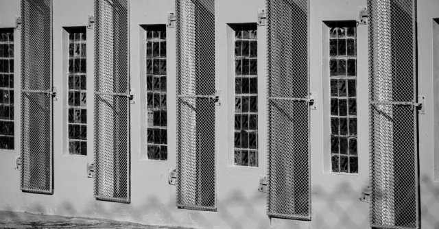 Monochrome image of barred windows on a building, depicting confinement and security.