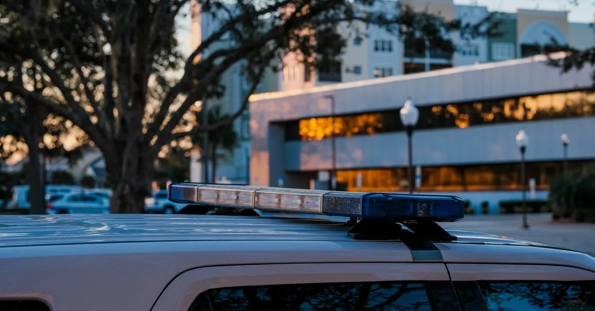 Close-up of police vehicle with emergency lights in front of urban buildings at dusk.