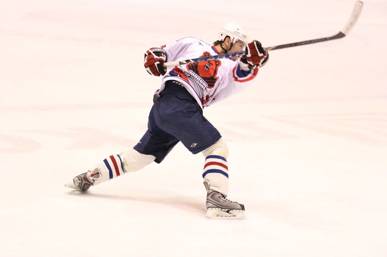 A professional ice hockey game in progress with players on the rink.