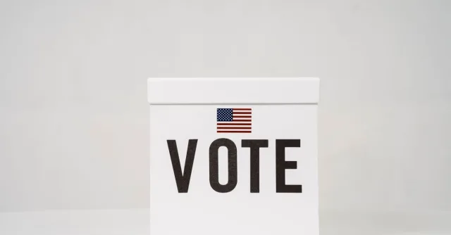 A minimalist ballot box with 'Vote' and an American flag, symbolizing elections.