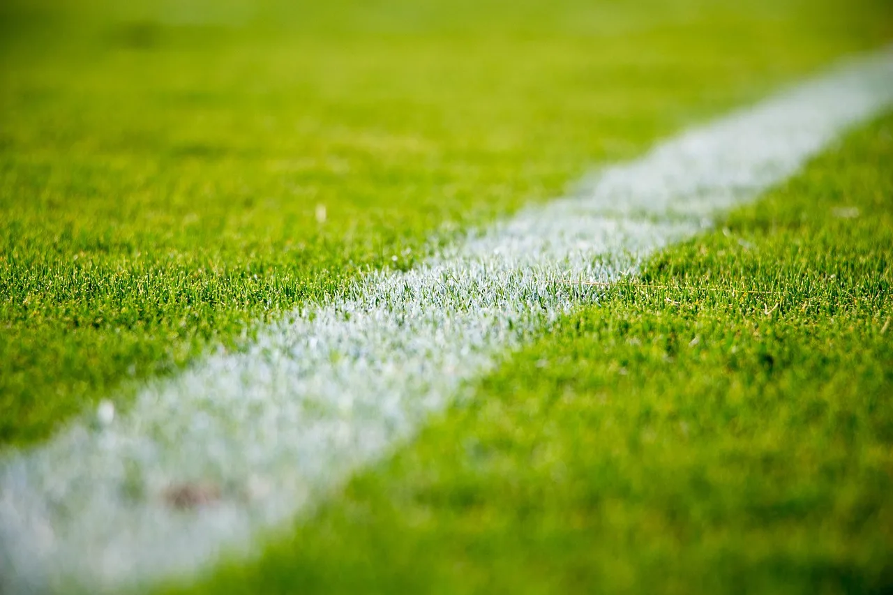 A wide shot of a professional football stadium pitch during an evening match.