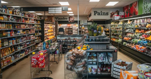 Wide view of a fully stocked grocery store aisle in Tadoussac, Québec, Canada.