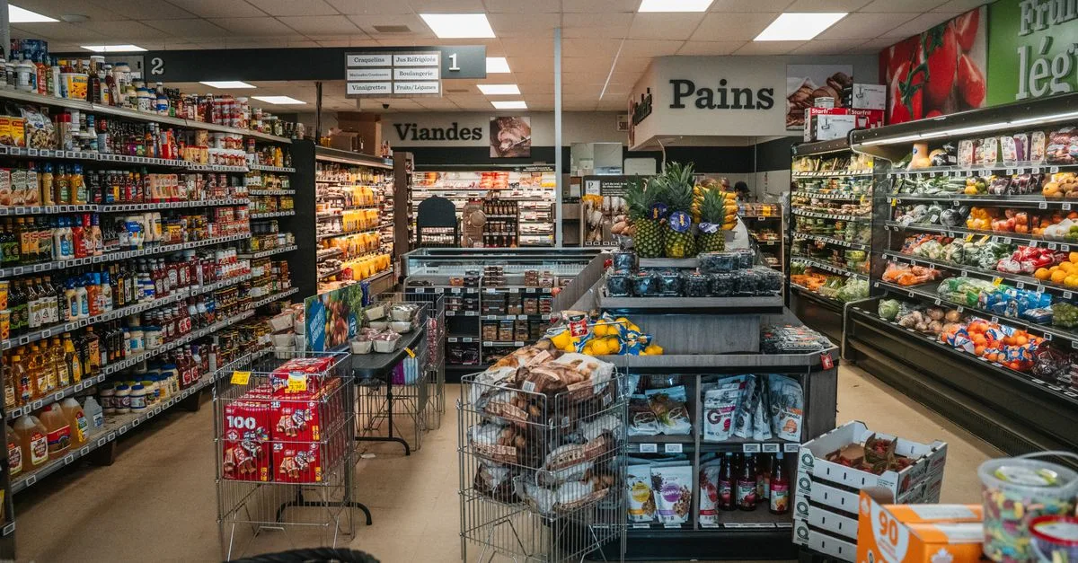 Wide view of a fully stocked grocery store aisle in Tadoussac, Québec, Canada.