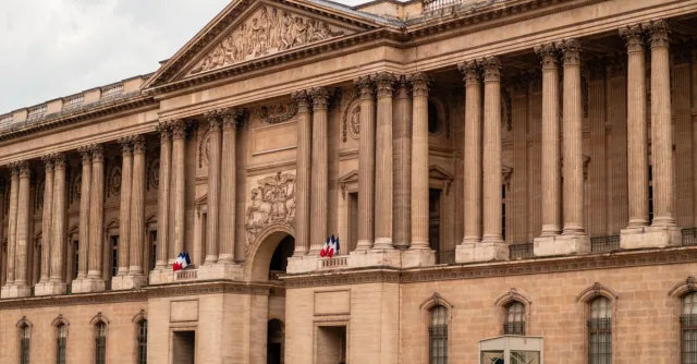 Front view of the iconic Louvre Museum facade, Paris, with French flags displayed.