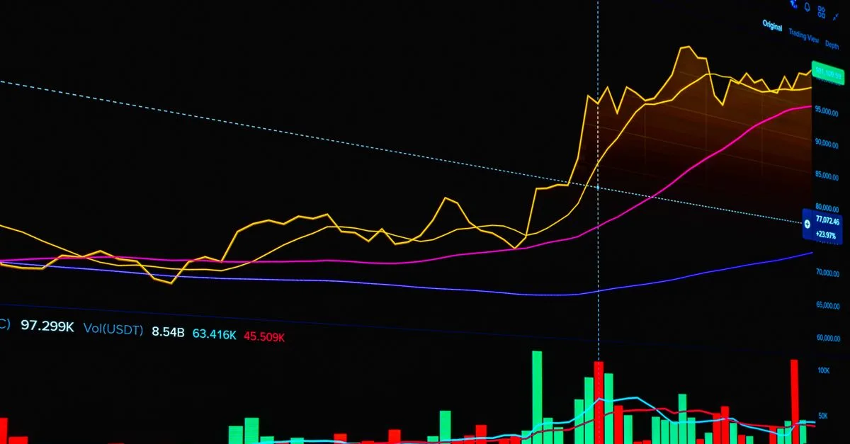Dynamic chart depicting cryptocurrency market trends with price and volume over time.