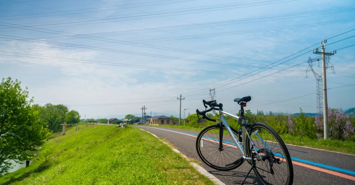 A bicycle resting on a picturesque country road in Hangzhou, Zhejiang, showcasing vibrant greenery and clear skies.