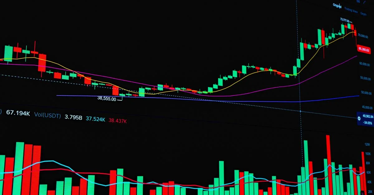 Graphic showing stock market trends with rising and falling bars and line graph indicators.